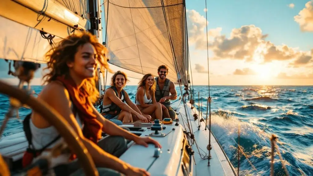 Crew of four sailing together at golden hour